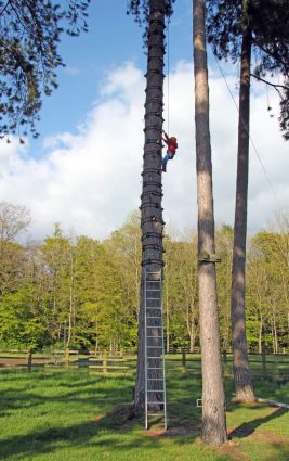 A child climbing up the tree climb (high ropes) at Thornbridge Outdoors