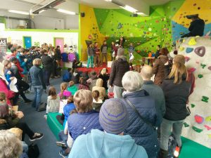 Children receiving awards at the bouldering compeition at the Climbing Works