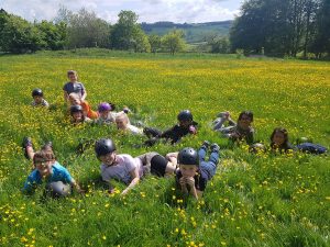 School group with helmets on play in fields of Thornbridge Outdoors surrounded by yellow flowers in summer